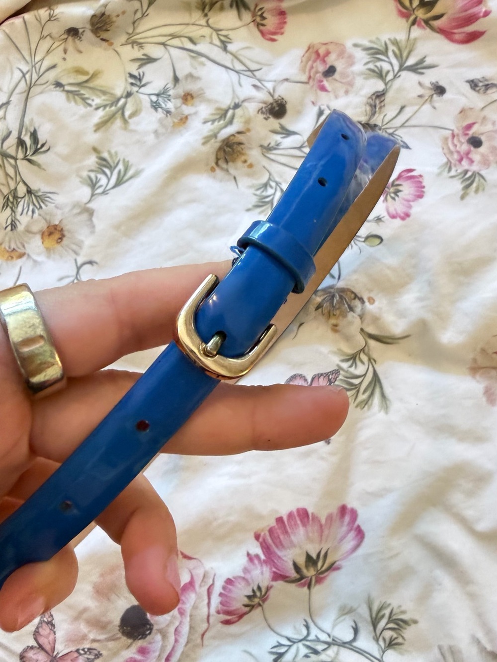 J. Crew Bright Blue Patent Skinny Belt with Gold Buckle - S